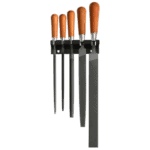 Set of five Facom files with wooden handles and black blades, displayed on a black holder.