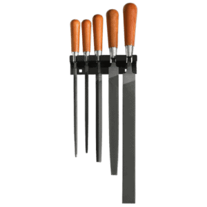 Set of five Facom files with wooden handles and black blades, displayed on a black holder.