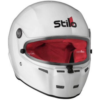 Stilo racing helmet with white exterior and red interior, designed for motorsport safety and performance.