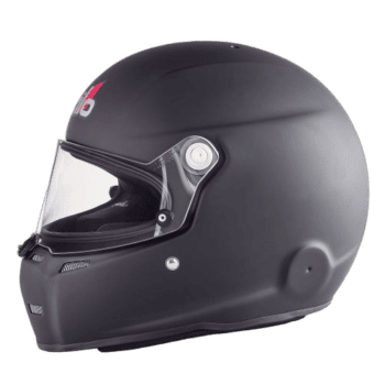Black full-face racing helmet with clear visor, designed for motorsport safety and performance.