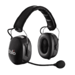 Black racing headset with microphone for motorsport communication, branded Stilo, on a black background.