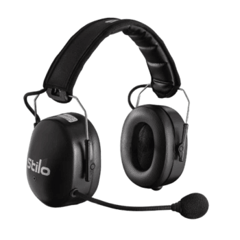 Black racing headset with microphone for motorsport communication, branded Stilo, on a black background.