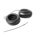Black racing helmet communication earpiece with microphone for Grand Prix racewear.