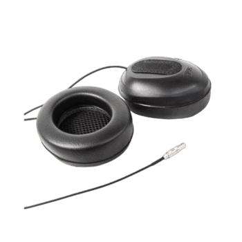 Black racing helmet communication earpiece with microphone for Grand Prix racewear.