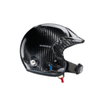 Carbon fibre racing helmet with aerodynamic design and secure chin strap, ideal for motorsport safety and performance.