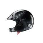 Carbon fibre racing helmet with aerodynamic design, suitable for motorsport safety and performance.