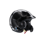 Carbon fibre racing helmet with black and white design, featuring a clear visor and safety padding, ideal for motorsport enthusiasts and professional racers.