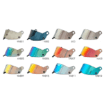 Collection of Grand Prix Racewear visors in various colours including clear, blue, tinted, and mirrored finishes for racing helmets.