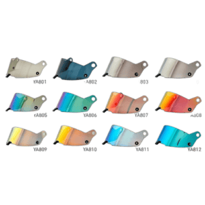 Collection of Grand Prix Racewear visors in various colours including clear, blue, tinted, and mirrored finishes for racing helmets.