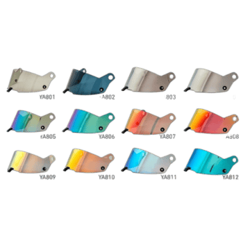 Collection of Grand Prix Racewear visors in various colours including clear, blue, tinted, and mirrored finishes for racing helmets.