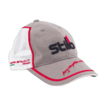 Grey and white Stilo racing cap with red accents, featuring the Stilo logo and website, designed for motorsport enthusiasts.