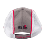 Grand Prix Racewear cap with grey, white, and red design, featuring the Stilo logo and 'Made in Italy' label.