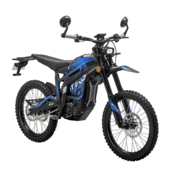 Electric off-road motorcycle with black and blue design, suitable for motocross and trail riding, featuring rugged tires and advanced suspension.
