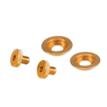 Set of gold-coloured racing hardware components including screws and washers for Grand Prix Racewear.