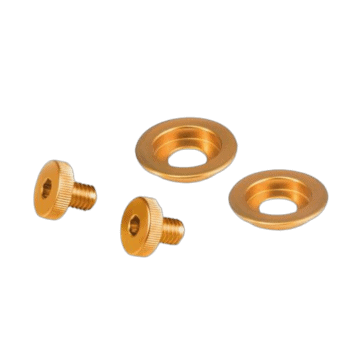 Set of gold-coloured racing hardware components including screws and washers for Grand Prix Racewear.