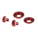 Red anodised aluminium racing hardware components including screws and washers for Grand Prix Racewear.