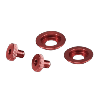 Red anodised aluminium racing hardware components including screws and washers for Grand Prix Racewear.