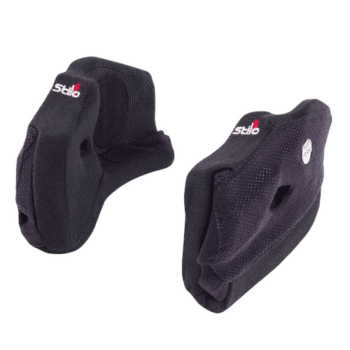 Pair of Stilo racing gloves designed for motorsport, featuring black fabric with red and white branding, suitable for professional racing drivers.