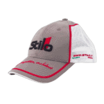 Grey and white Stilo racing cap with red accents, featuring the Stilo logo and website www.stilo.it, designed for motorsport enthusiasts.
