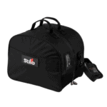 Black Stilo racing helmet bag with handle and logo, designed for motorsport gear storage and transport.