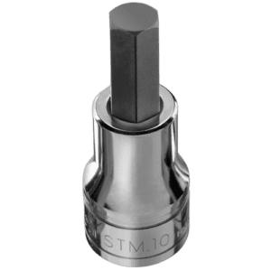 Close-up of a Facom STM 1/2 drive metric hexagon bit socket with a black hexagonal bit on a black background.
