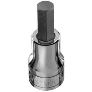 Close-up of a Facom STM 1/2 drive metric hexagon bit socket with a chrome finish on a black background.