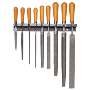 Set of 9 Facom files with wooden handles and metal blades, used for shaping and smoothing materials.