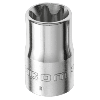 Close-up of a Facom 1/2 Torx socket, shiny metallic finish, used for automotive and mechanical work.