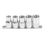 Set of five 1/2 inch socket wrenches in a metallic rack, ideal for professional toolkits.