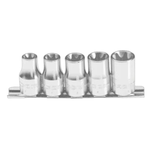 Set of five 1/2 inch socket wrenches in a metallic rack, ideal for professional toolkits.