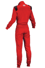 Red Grand Prix Racewear racing suit with black shoulder accents, designed for motorsport safety and performance.