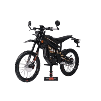 Electric mountain bike with full suspension, disc brakes, and knobby tires for off-road riding, displayed on a plain background.