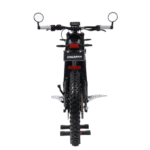 Electric dirt bike with knobby tires, handlebar mirrors, and a sleek black design, ideal for off-road racing and motocross enthusiasts.