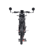 Front view of a black off-road motorcycle with knobby tires and handlebar mirrors on a black background.