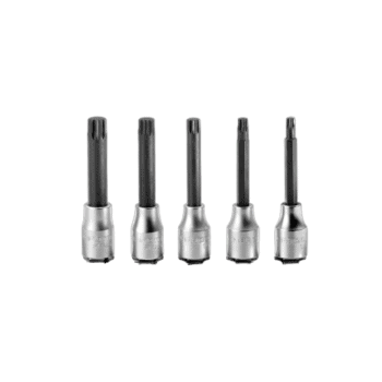 Set of five Facom drive bits for spline socket head (XZN) in a row, black and silver finish, suitable for automotive and mechanical applications.
