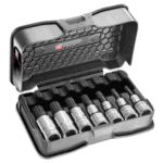 Facom 7-piece set of 1/2 short-reach XZN screwdriver sockets in a black plastic case.