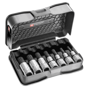 Facom 7-piece set of 1/2 short-reach XZN screwdriver sockets in a black plastic case.