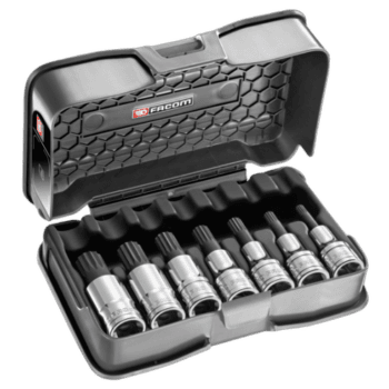 Facom 7-piece set of 1/2 short-reach XZN screwdriver sockets in a black plastic case.