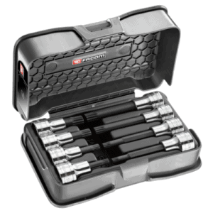 Facom 8-piece set of 1/2 short- and long-reach XZN screwdriver sockets in a black case.