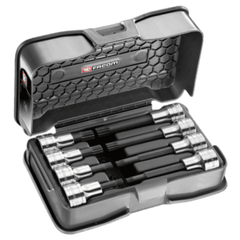 Facom 8-piece set of 1/2 short- and long-reach XZN screwdriver sockets in a black case.