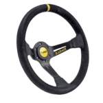 Sabelt SW-390 racing steering wheel with black suede grip and yellow accents, designed for high-performance motorsport applications.