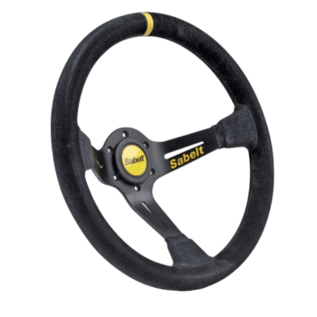 Sabelt SW-390 racing steering wheel with black suede grip and yellow accents, designed for high-performance motorsport applications.