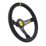 Sabelt SW-465 racing steering wheel with black suede grip and yellow accents, designed for motorsport use.