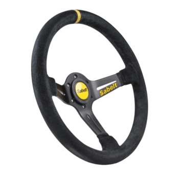 Sabelt SW-465 racing steering wheel with black suede grip and yellow accents, designed for motorsport use.