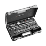 Facom 26-piece 1/2 inch metric 12-point sockets set in a black case, ideal for professional automotive and mechanical work.