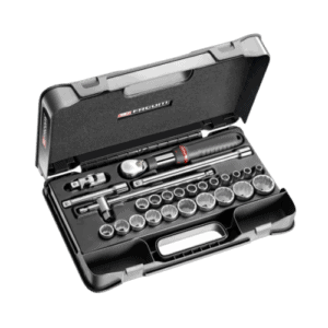 Facom 26-piece 1/2 inch metric 12-point sockets set in a black case, ideal for professional automotive and mechanical work.