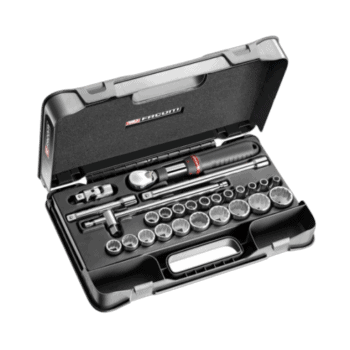 Facom 26-piece 1/2 inch metric 12-point sockets set in a black case, ideal for professional automotive and mechanical work.