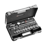 Complete 26-piece metric 1/2 inch socket set in a sturdy case for automotive and mechanical work.