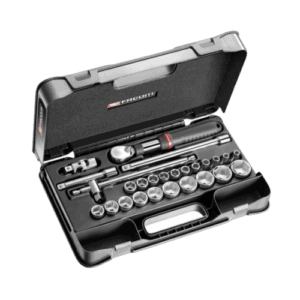 Complete 26-piece metric 1/2 inch socket set in a sturdy case for automotive and mechanical work.
