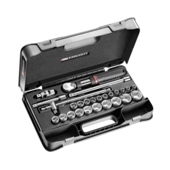 Complete 26-piece metric 1/2 inch socket set in a sturdy case for automotive and mechanical work.
